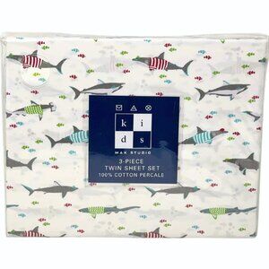 MAX STUDIO TWIN 3 PC Soft Cotton Percale Great White Sharks & Fish Sheet Set NEW